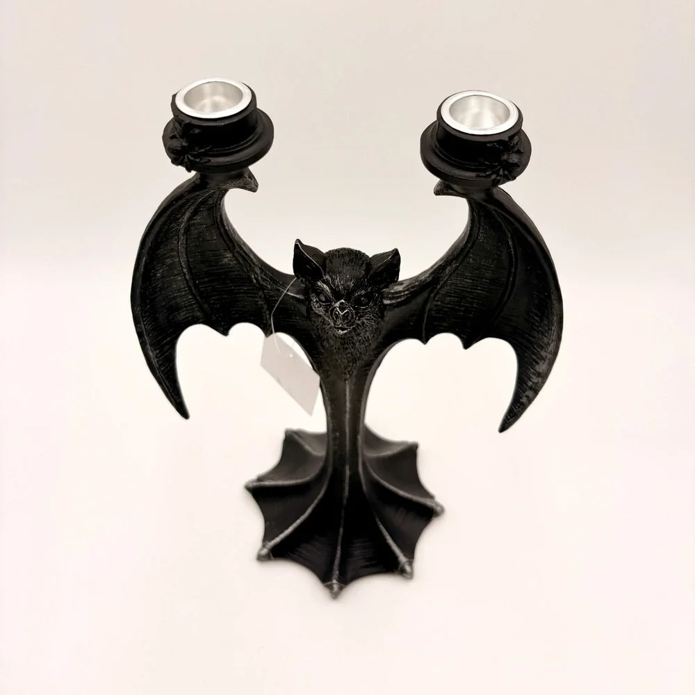 Gothic Bat Candelabra Double Taper Candle Holder Black Silver Halloween Decor